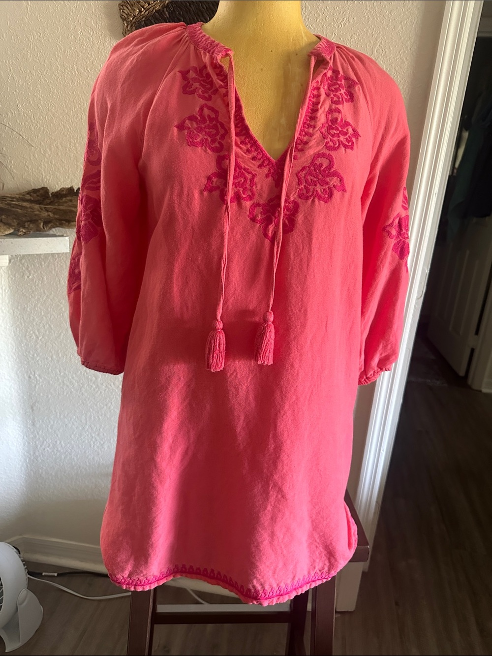 Tommy Bahama Coral Pink Embroidered Tassel Tunic Dress